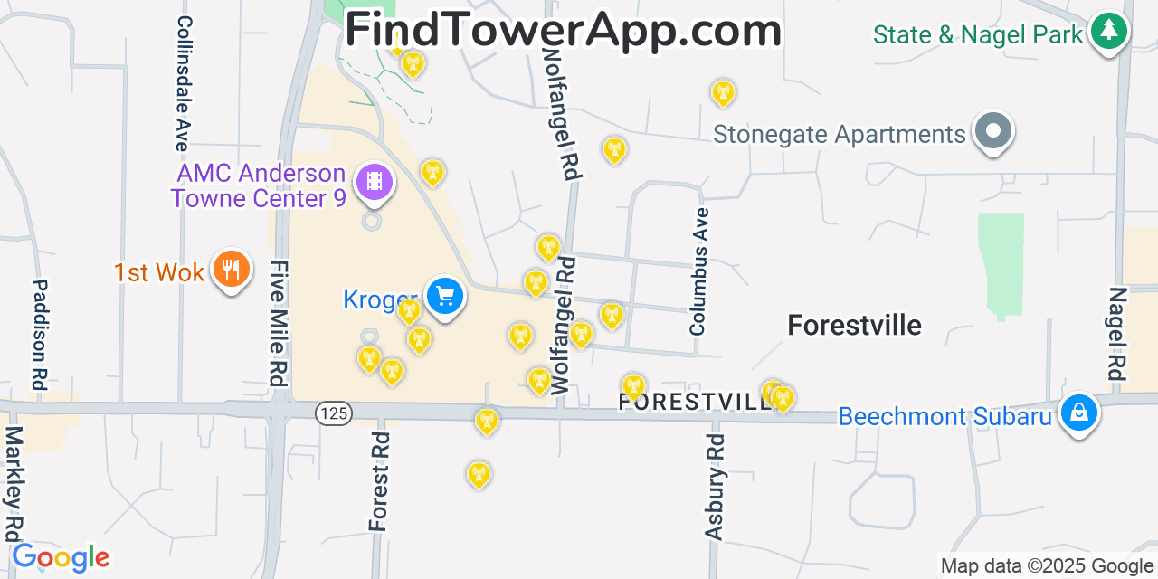 Map showing the 20 primary cell tower locations detected in Forestville, Ohio from AT&T, Verizon, and T-Mobile networks