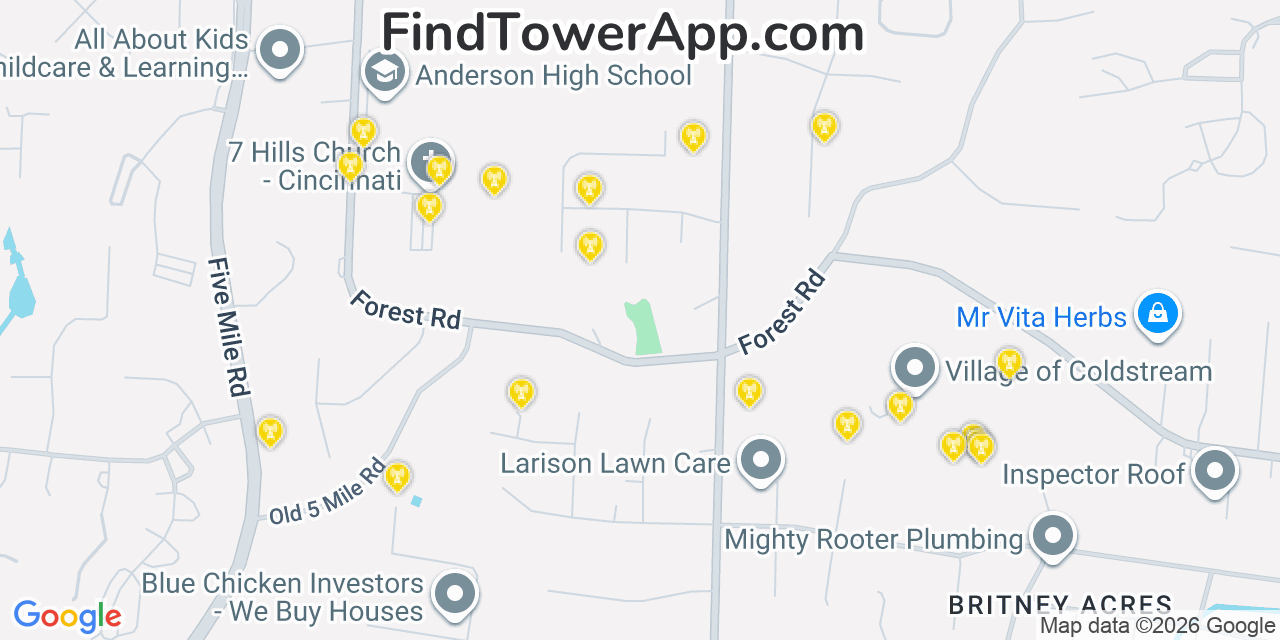 Map showing the 20 primary cell tower locations detected in Forestville, Ohio from AT&T, Verizon, and T-Mobile networks