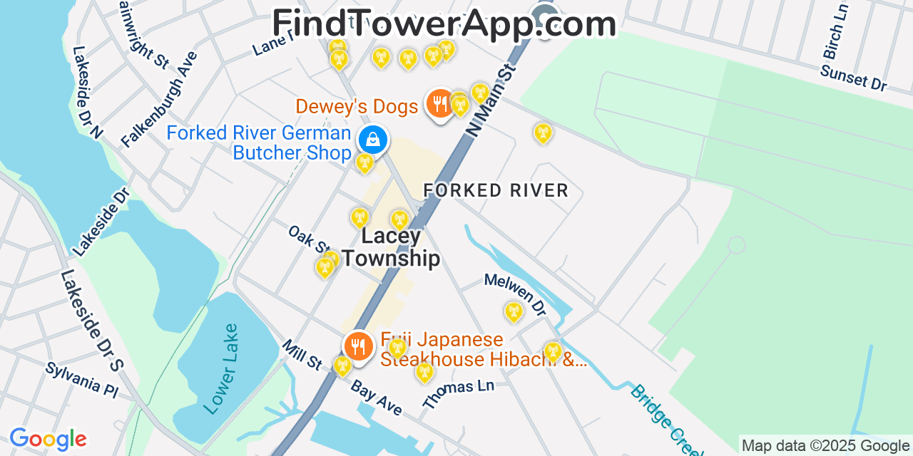 Map showing the 20 primary cell tower locations detected in Forked River, New Jersey from AT&T, Verizon, and T-Mobile networks