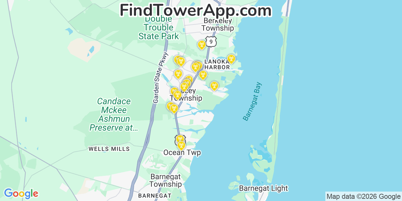Map showing the 20 primary cell tower locations detected in Forked River, New Jersey from AT&T, Verizon, and T-Mobile networks
