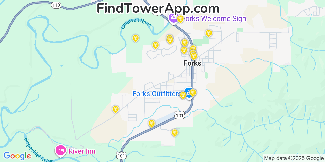 Map showing the 20 primary cell tower locations detected in Forks, Washington from AT&T, Verizon, and T-Mobile networks
