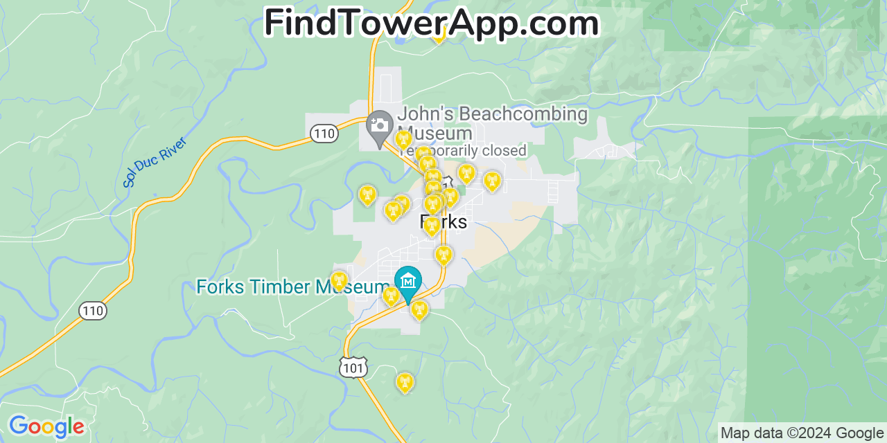 Verizon 4G/5G cell tower coverage map Forks, Washington