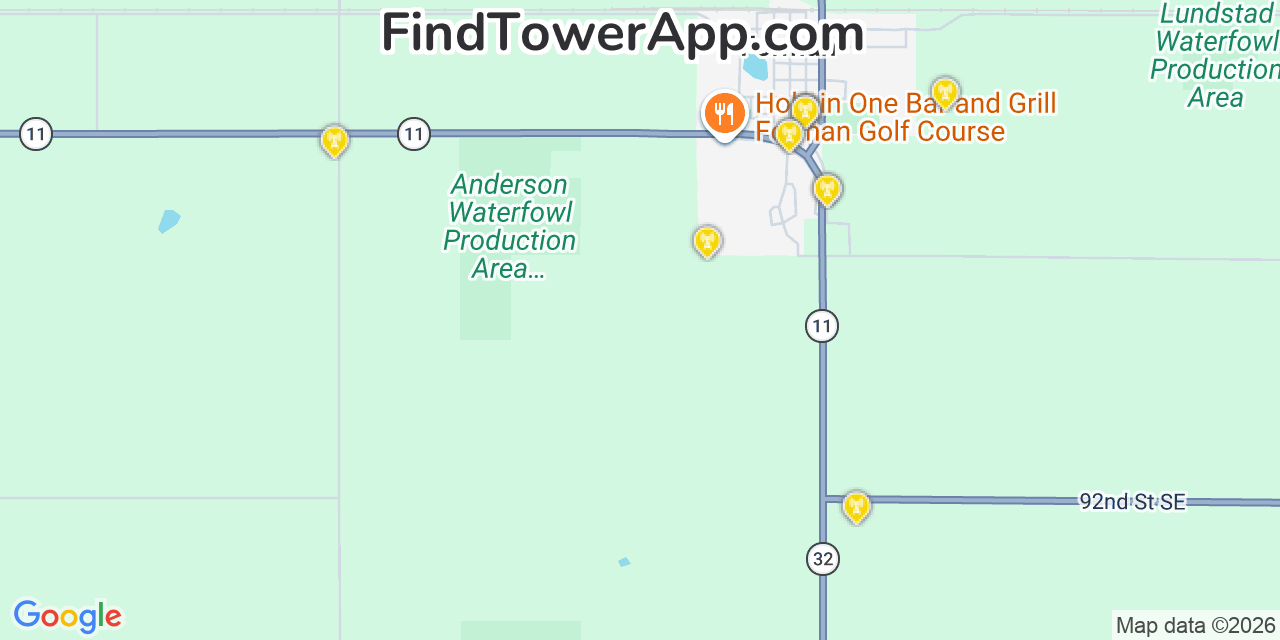 Map showing the 20 primary cell tower locations detected in Forman, North Dakota from AT&T, Verizon, and T-Mobile networks