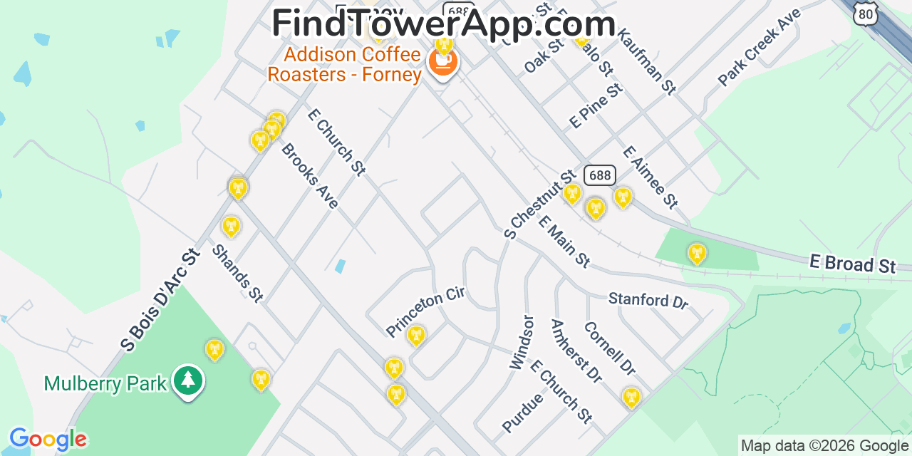 Map showing the 20 primary cell tower locations detected in Forney, Texas from AT&T, Verizon, and T-Mobile networks