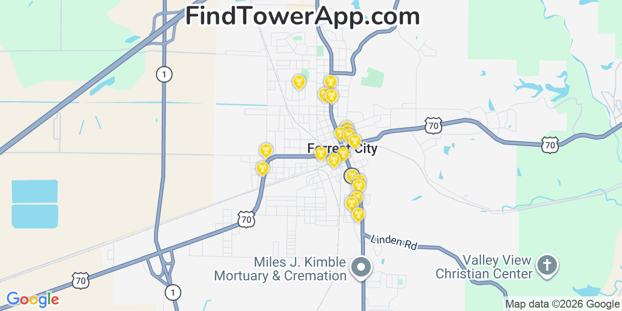 Map showing the 20 primary cell tower locations detected in Forrest City, Arkansas from AT&T, Verizon, and T-Mobile networks