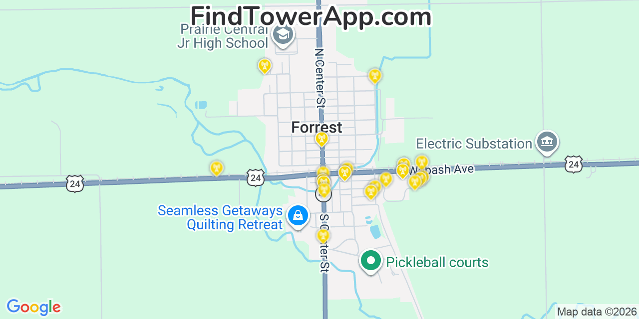 Map showing the 20 primary cell tower locations detected in Forrest, Illinois from AT&T, Verizon, and T-Mobile networks