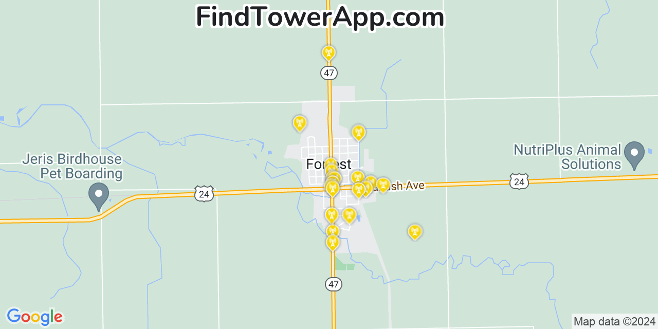 Verizon 4G/5G cell tower coverage map Forrest, Illinois