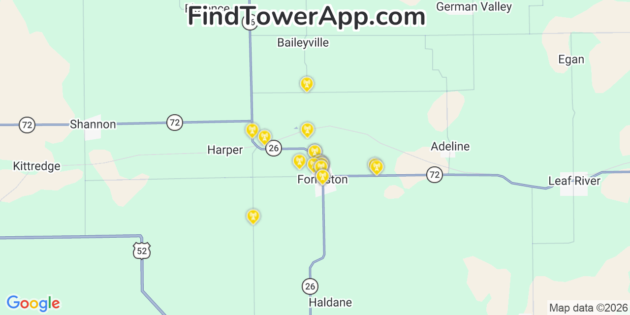 Map showing the 20 primary cell tower locations detected in Forreston, Illinois from AT&T, Verizon, and T-Mobile networks