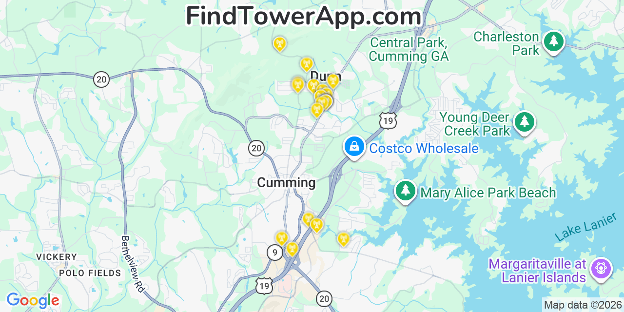 Map showing the 20 primary cell tower locations detected in Forsyth, Georgia from AT&T, Verizon, and T-Mobile networks