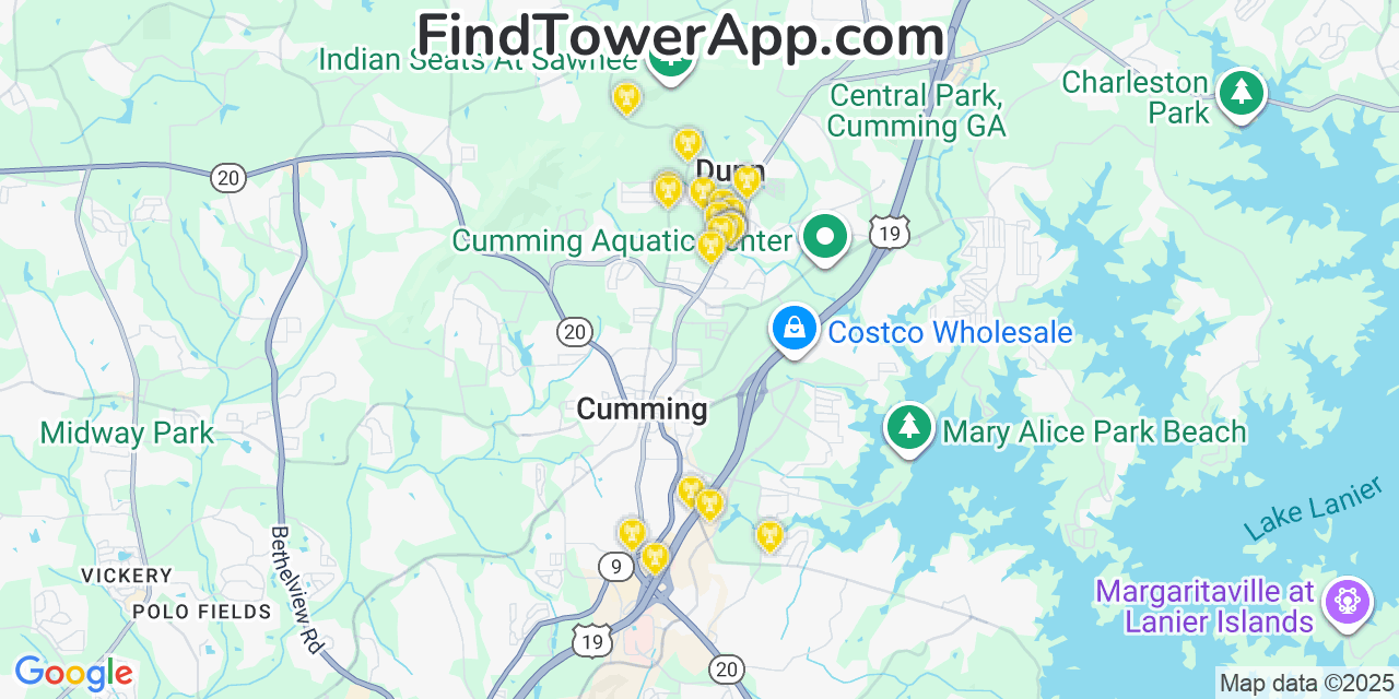 Map showing the 20 primary Mobitel cell tower locations detected in Forsyth, Georgia with coverage radius and signal strength indicators