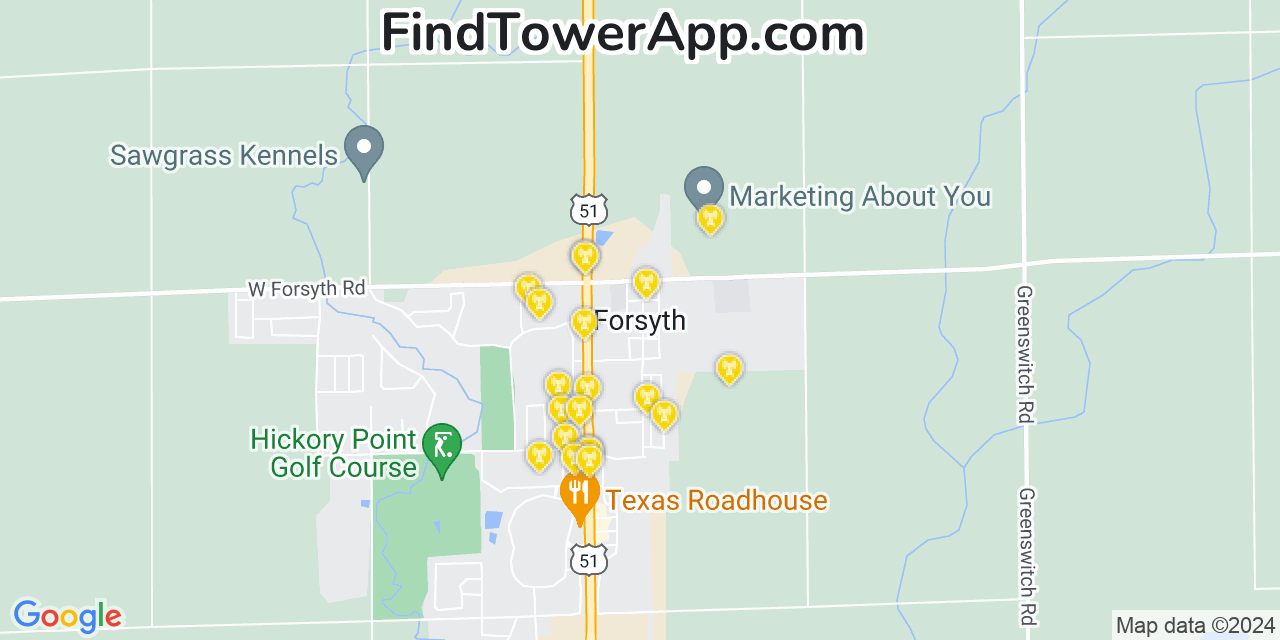 AT&T 4G/5G cell tower coverage map Forsyth, Illinois