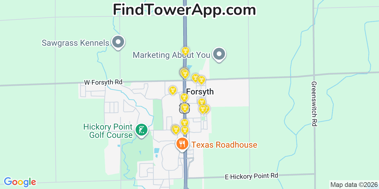 Map showing the 20 primary cell tower locations detected in Forsyth, Illinois from AT&T, Verizon, and T-Mobile networks