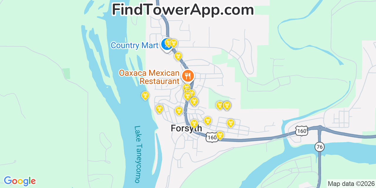 Map showing the 20 primary cell tower locations detected in Forsyth, Missouri from AT&T, Verizon, and T-Mobile networks