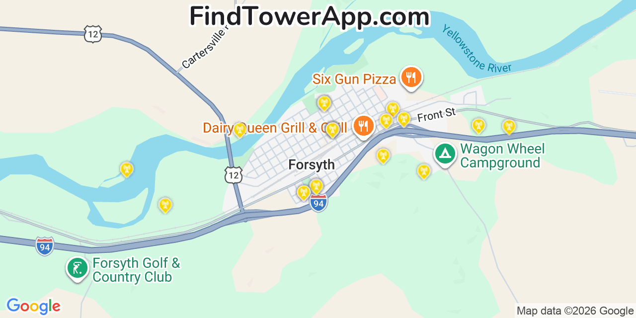 Map showing the 20 primary cell tower locations detected in Forsyth, Montana from AT&T, Verizon, and T-Mobile networks