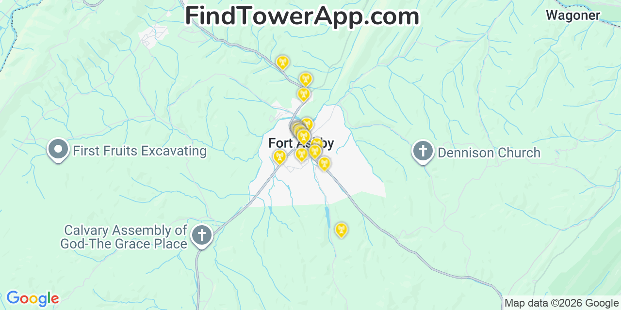 Map showing the 20 primary cell tower locations detected in Fort Ashby, West Virginia from AT&T, Verizon, and T-Mobile networks