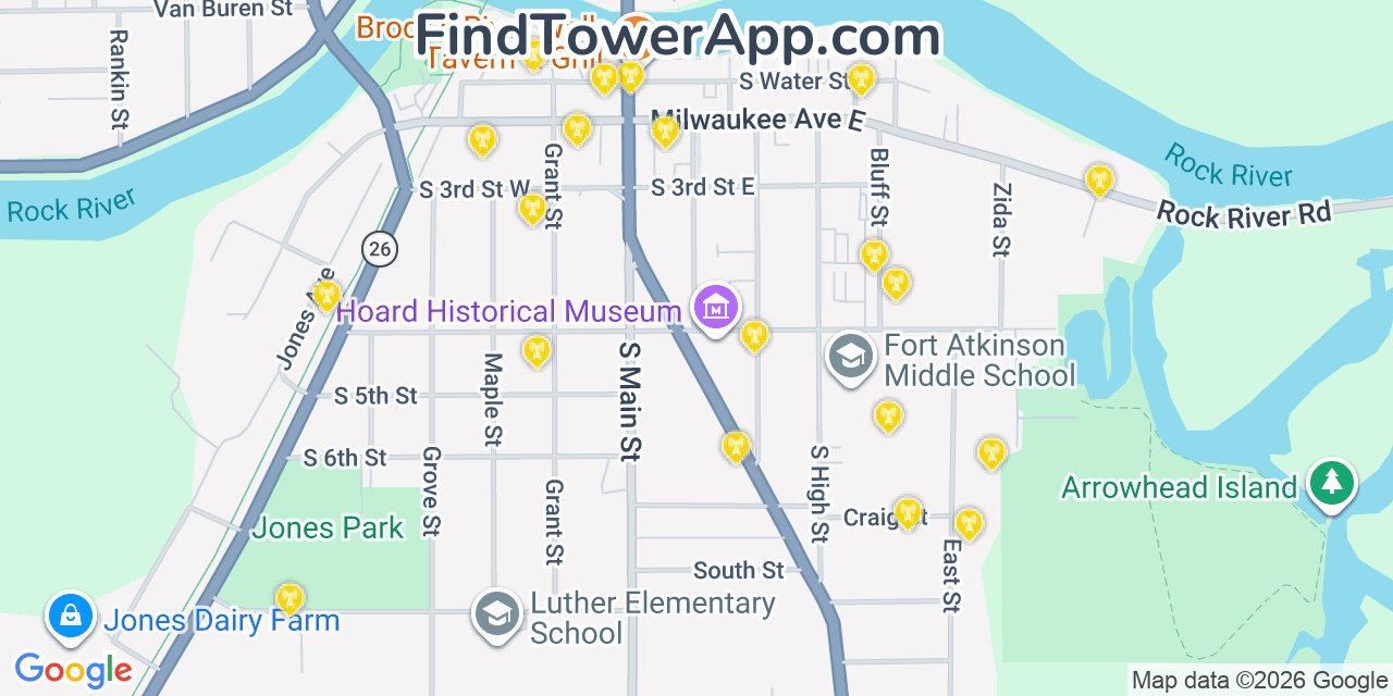 Map showing the 20 primary cell tower locations detected in Fort Atkinson, Wisconsin from AT&T, Verizon, and T-Mobile networks
