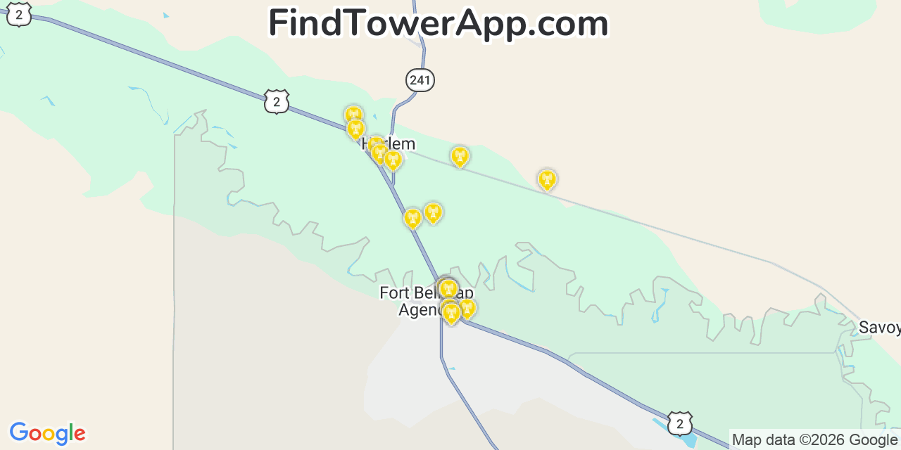 Map showing the 20 primary cell tower locations detected in Fort Belknap Agency, Montana from AT&T, Verizon, and T-Mobile networks