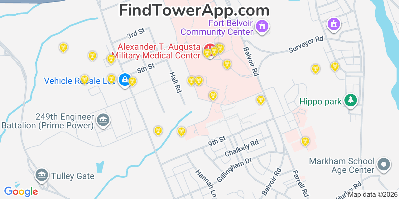 Map showing the 20 primary cell tower locations detected in Fort Belvoir, Virginia from AT&T, Verizon, and T-Mobile networks