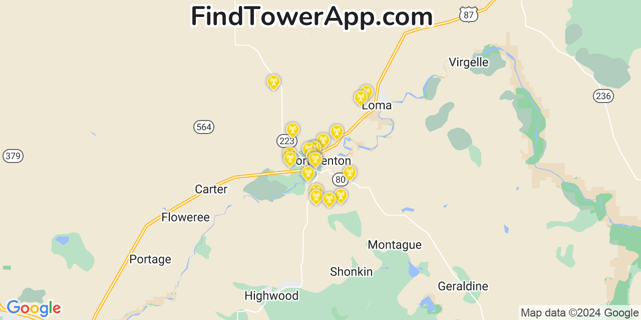 AT&T 4G/5G cell tower coverage map Fort Benton, Montana