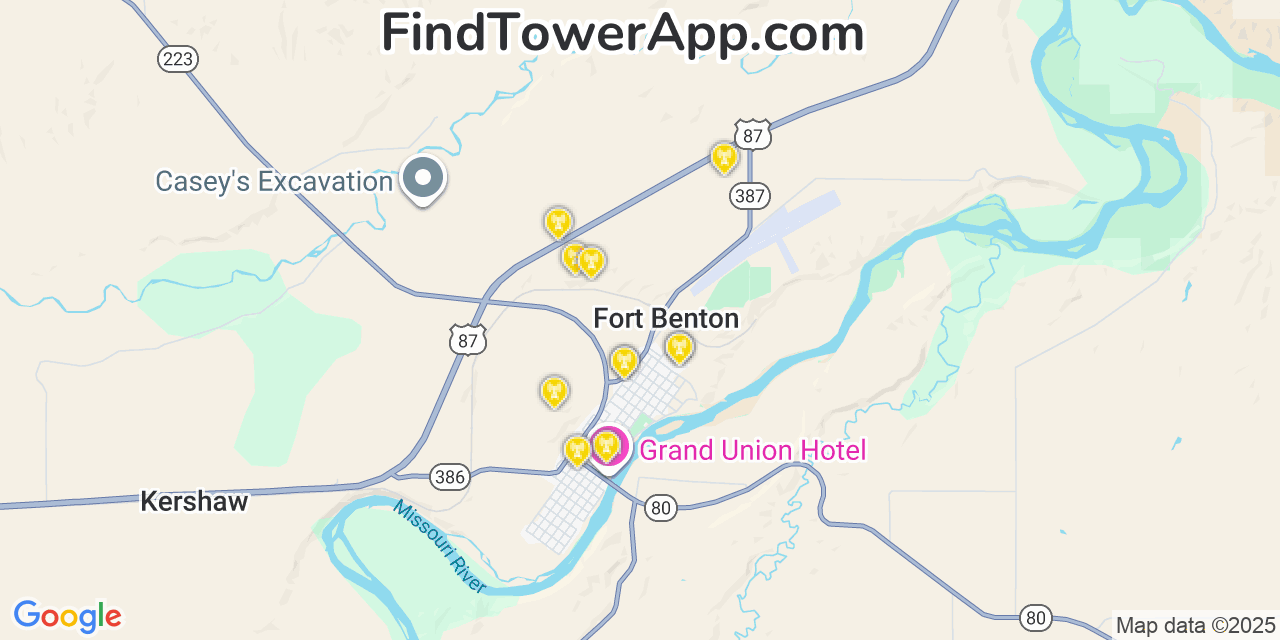 Map showing the 20 primary cell tower locations detected in Fort Benton, Montana from AT&T, Verizon, and T-Mobile networks