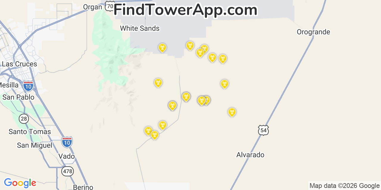 Map showing the 20 primary cell tower locations detected in Fort Bliss, Texas from AT&T, Verizon, and T-Mobile networks