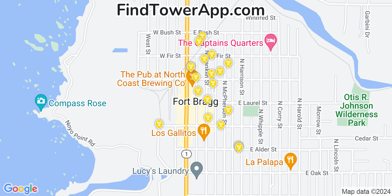 AT&T 4G/5G cell tower coverage map Fort Bragg, California