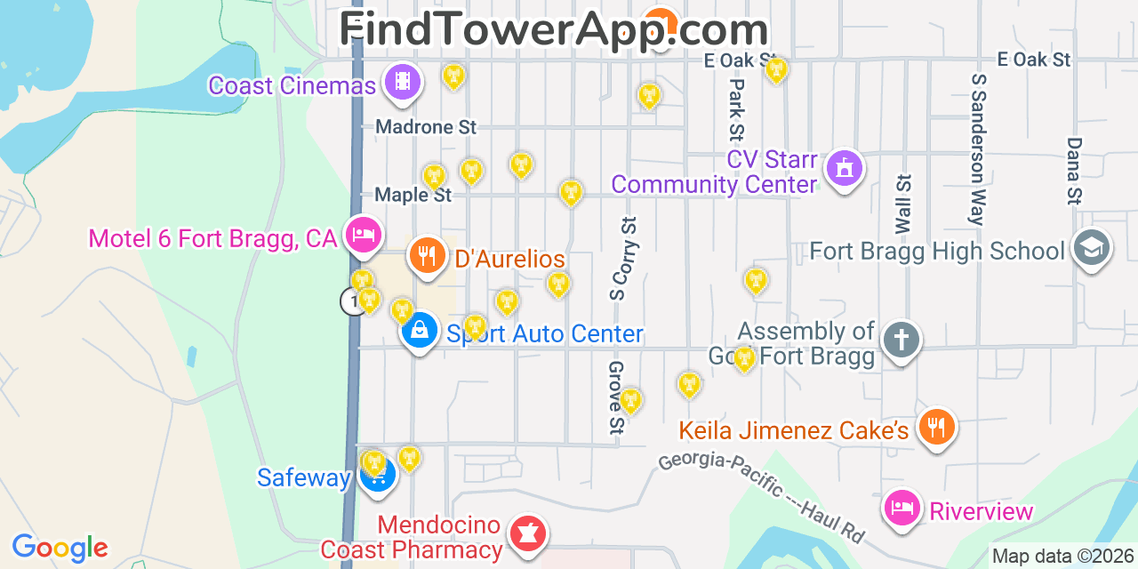 Map showing the 20 primary cell tower locations detected in Fort Bragg, California from AT&T, Verizon, and T-Mobile networks