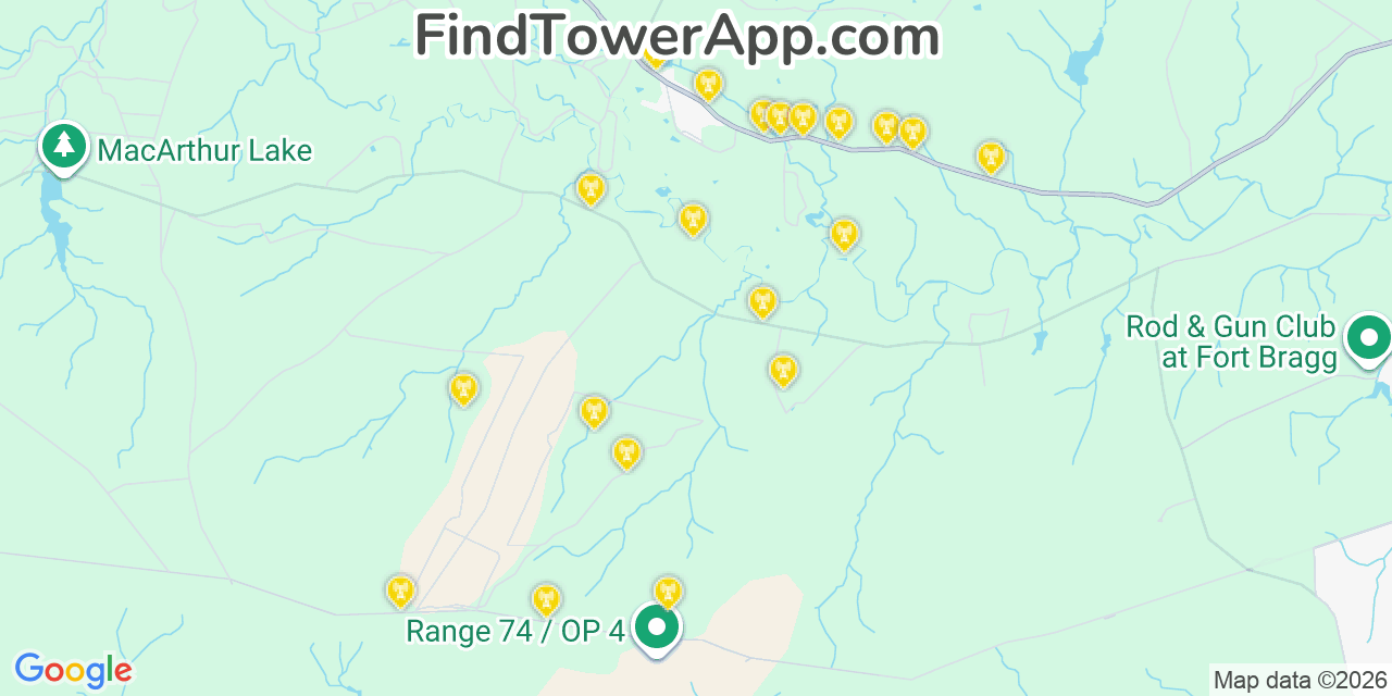 Map showing the 20 primary cell tower locations detected in Fort Bragg, North Carolina from AT&T, Verizon, and T-Mobile networks