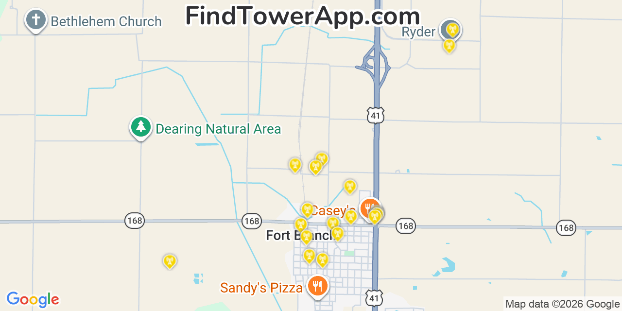 Map showing the 20 primary cell tower locations detected in Fort Branch, Indiana from AT&T, Verizon, and T-Mobile networks