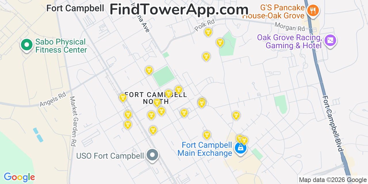 Map showing the 20 primary cell tower locations detected in Fort Campbell North, Kentucky from AT&T, Verizon, and T-Mobile networks
