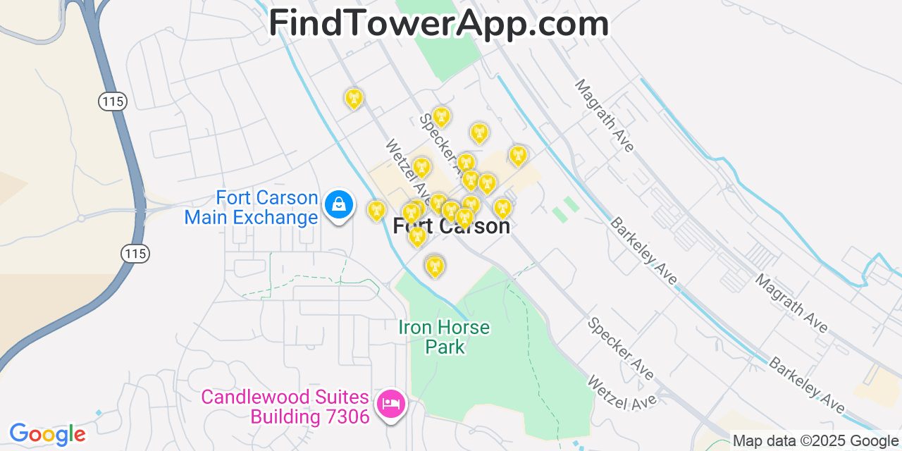 Map showing the 20 primary cell tower locations detected in Fort Carson, Colorado from AT&T, Verizon, and T-Mobile networks