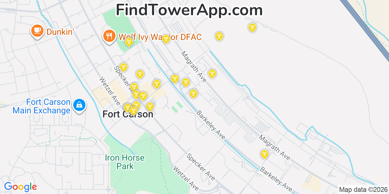 Map showing the 20 primary cell tower locations detected in Fort Carson, Colorado from AT&T, Verizon, and T-Mobile networks