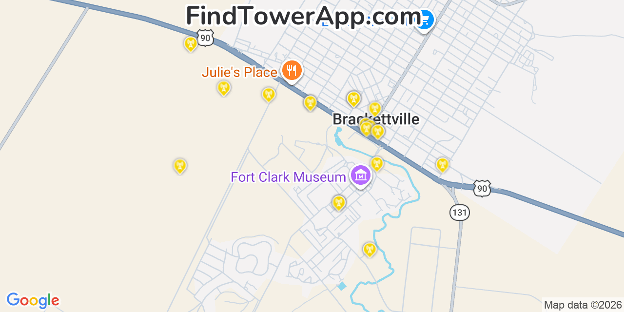 Map showing the 20 primary cell tower locations detected in Fort Clark Springs, Texas from AT&T, Verizon, and T-Mobile networks