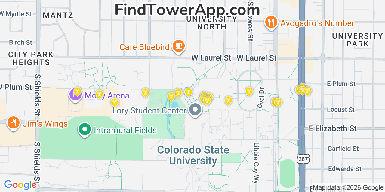 Map showing the 20 primary cell tower locations detected in Fort Collins, Colorado from AT&T, Verizon, and T-Mobile networks