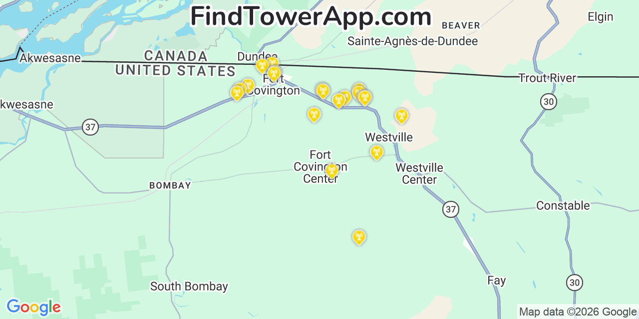 Map showing the 20 primary cell tower locations detected in Fort Covington Hamlet, New York from AT&T, Verizon, and T-Mobile networks