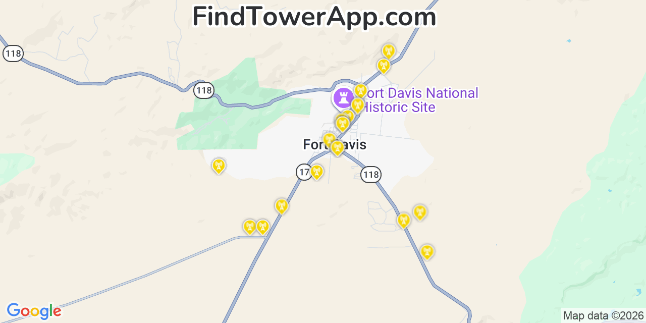 Map showing the 20 primary cell tower locations detected in Fort Davis, Texas from AT&T, Verizon, and T-Mobile networks