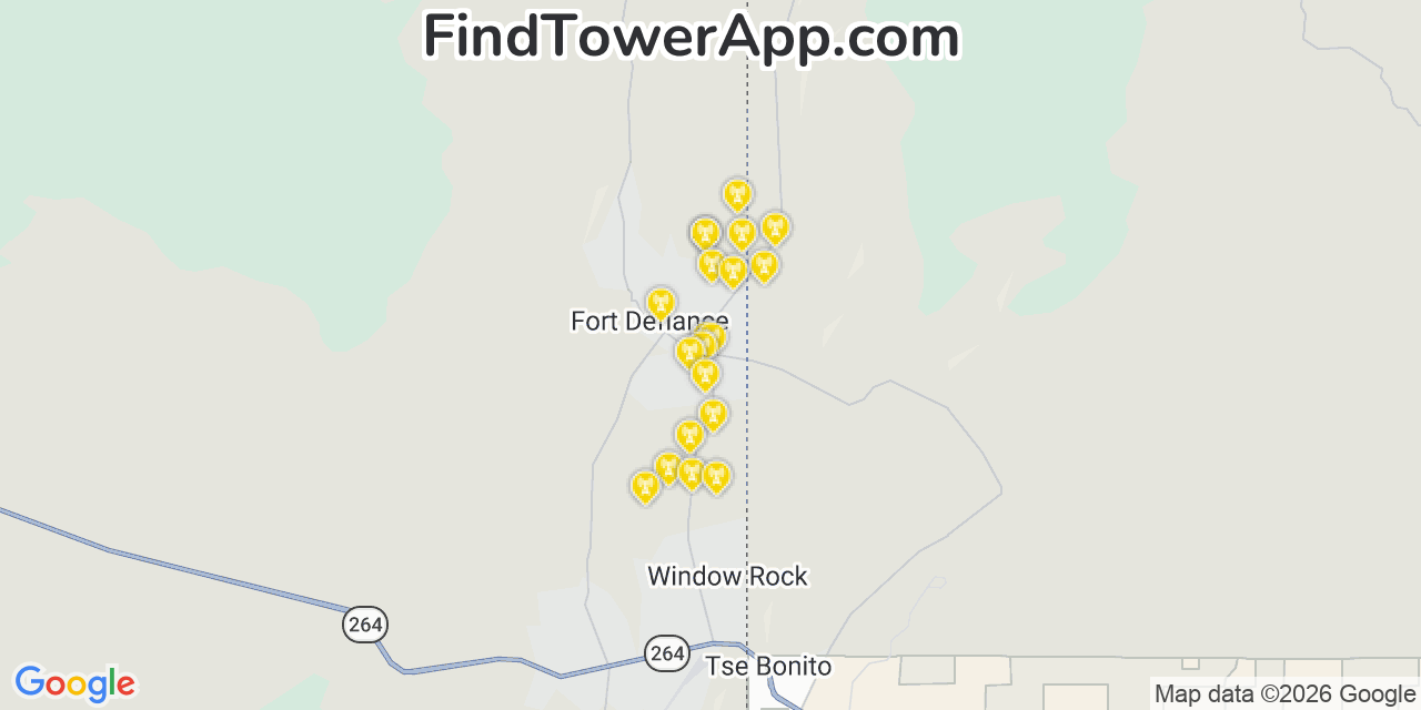 Map showing the 20 primary cell tower locations detected in Fort Defiance, Arizona from AT&T, Verizon, and T-Mobile networks