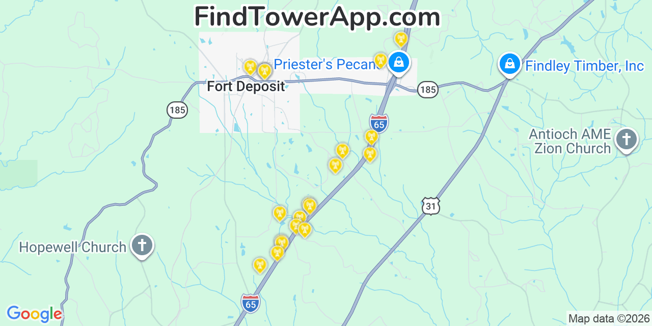 Map showing the 20 primary cell tower locations detected in Fort Deposit, Alabama from AT&T, Verizon, and T-Mobile networks