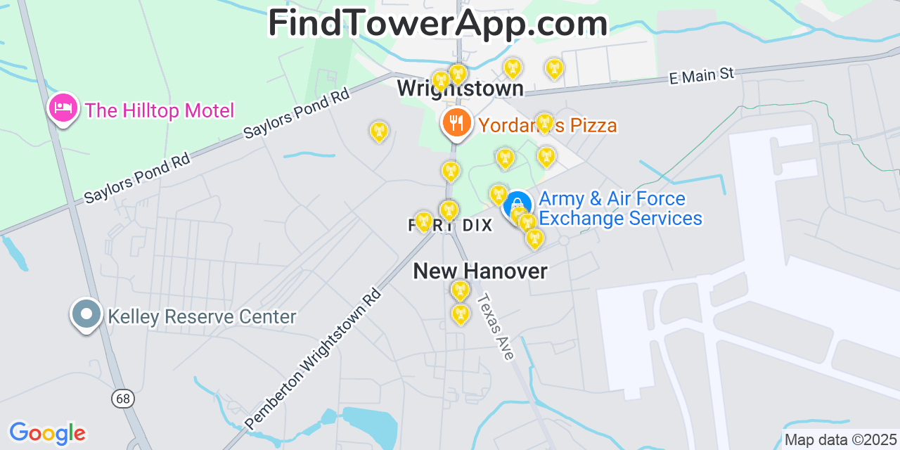 Map showing the 20 primary cell tower locations detected in Fort Dix, New Jersey from AT&T, Verizon, and T-Mobile networks