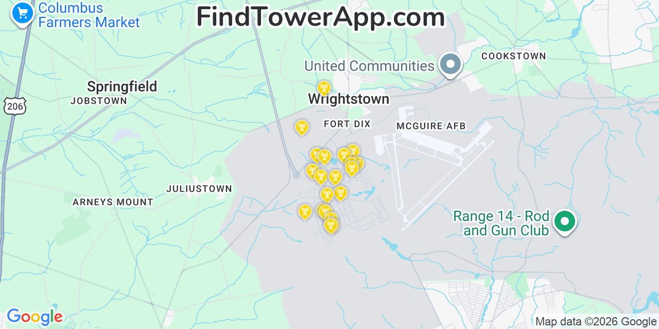 Map showing the 20 primary cell tower locations detected in Fort Dix, New Jersey from AT&T, Verizon, and T-Mobile networks