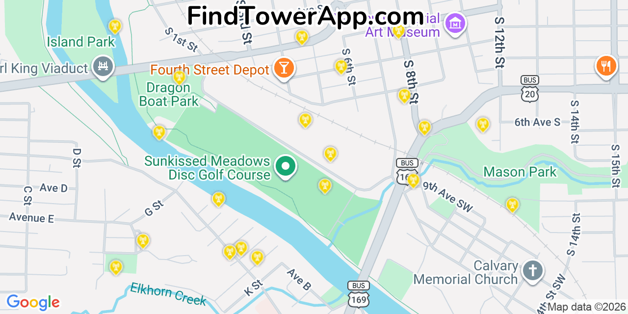 Map showing the 20 primary cell tower locations detected in Fort Dodge, Iowa from AT&T, Verizon, and T-Mobile networks