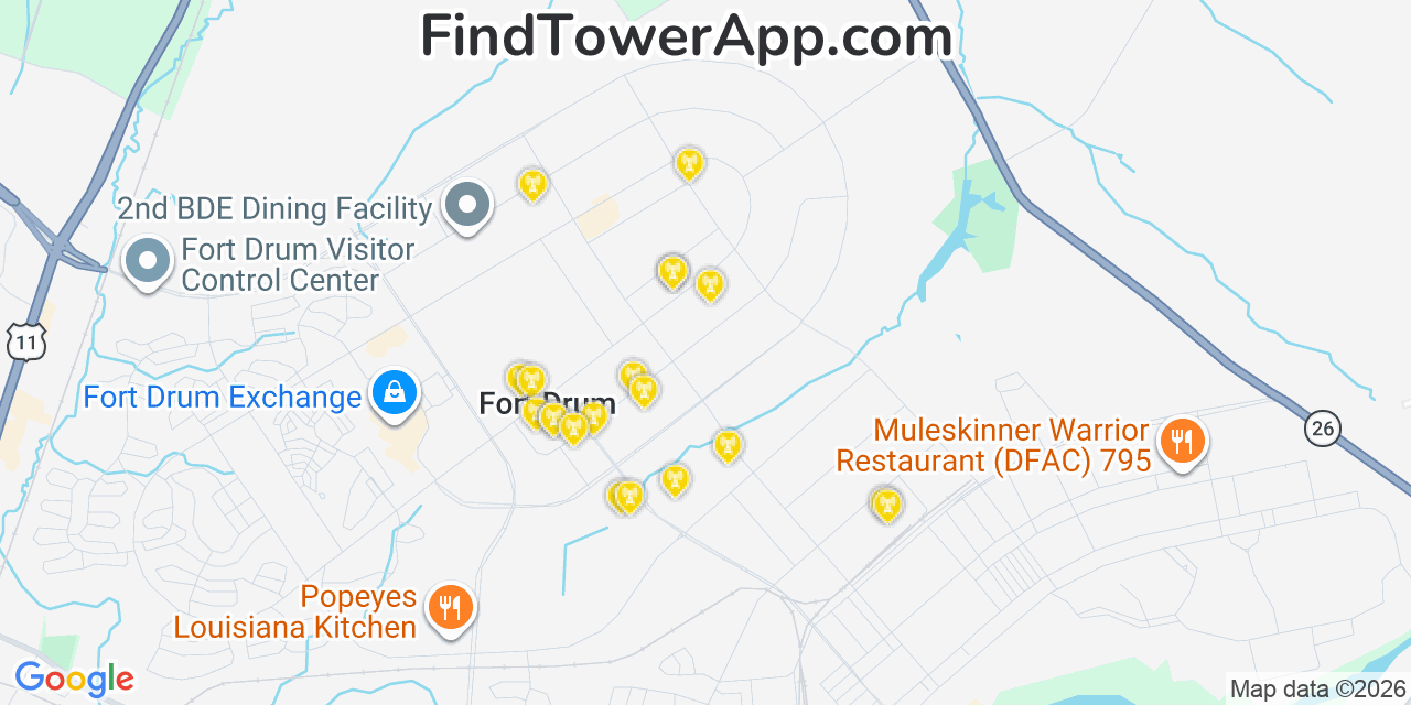 Map showing the 20 primary cell tower locations detected in Fort Drum, New York from AT&T, Verizon, and T-Mobile networks
