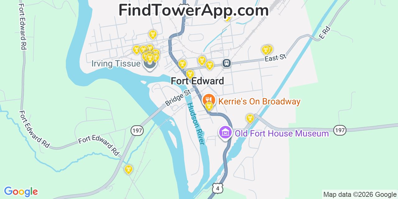 Map showing the 20 primary cell tower locations detected in Fort Edward, New York from AT&T, Verizon, and T-Mobile networks