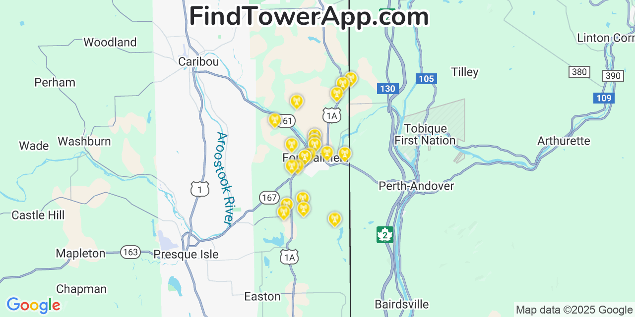 Map showing the 20 primary cell tower locations detected in Fort Fairfield, Maine from AT&T, Verizon, and T-Mobile networks