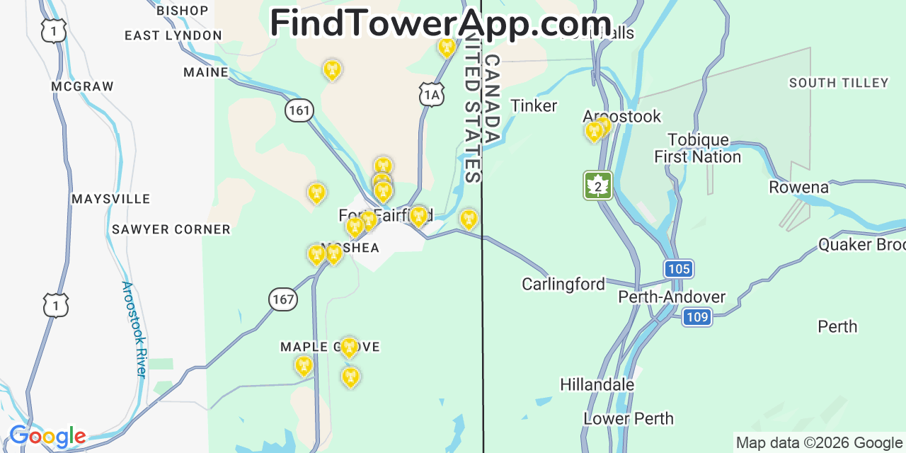 Map showing the 20 primary cell tower locations detected in Fort Fairfield, Maine from AT&T, Verizon, and T-Mobile networks
