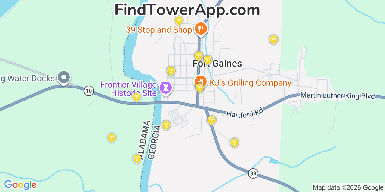 Map showing the 20 primary cell tower locations detected in Fort Gaines, Georgia from AT&T, Verizon, and T-Mobile networks