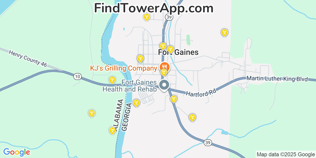 Map showing the 20 primary Mobitel cell tower locations detected in Fort Gaines, Georgia with coverage radius and signal strength indicators