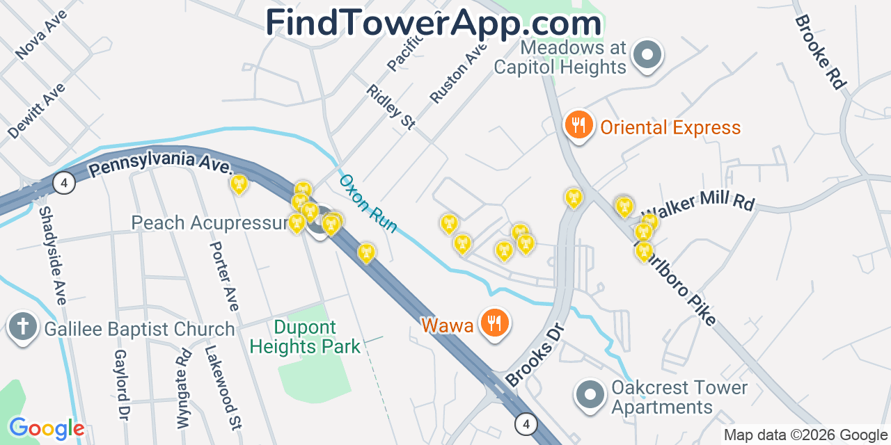 Map showing the 20 primary cell tower locations detected in Fort George G Mead Junction, Maryland from AT&T, Verizon, and T-Mobile networks