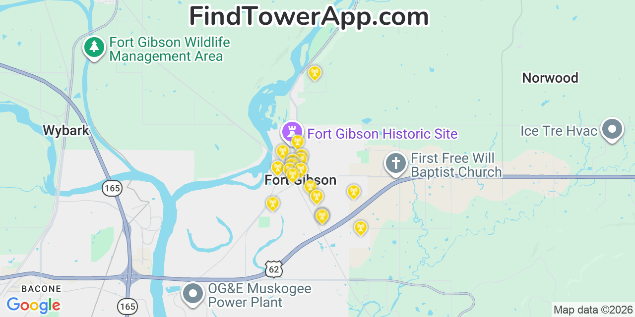 Map showing the 20 primary cell tower locations detected in Fort Gibson, Oklahoma from AT&T, Verizon, and T-Mobile networks