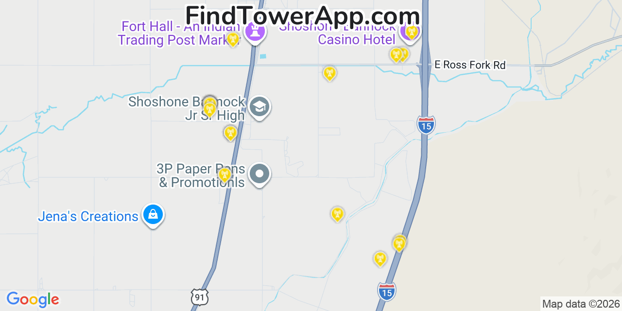 Map showing the 20 primary cell tower locations detected in Fort Hall, Idaho from AT&T, Verizon, and T-Mobile networks